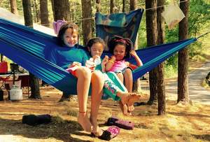Kids on hammock in Myles Standish State Forest